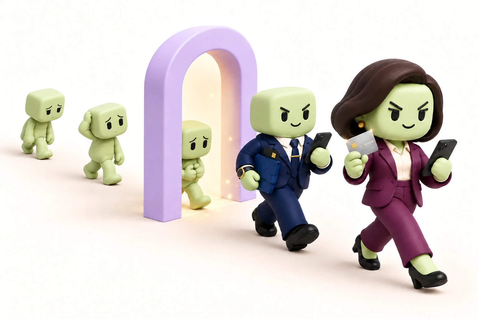 Three hesitant agents with different poses walk through a glowing lavender door. They emerge as two powerful Overlords: a man in a navy suit with a phone and wallet, and a woman in an aubergine suit holding a shiny credit card and smartphone.